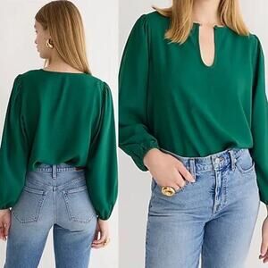 J.Crew Puff Sleeve Satin Crepe Top‎ Emerald Green Women's SZ LP - NWT